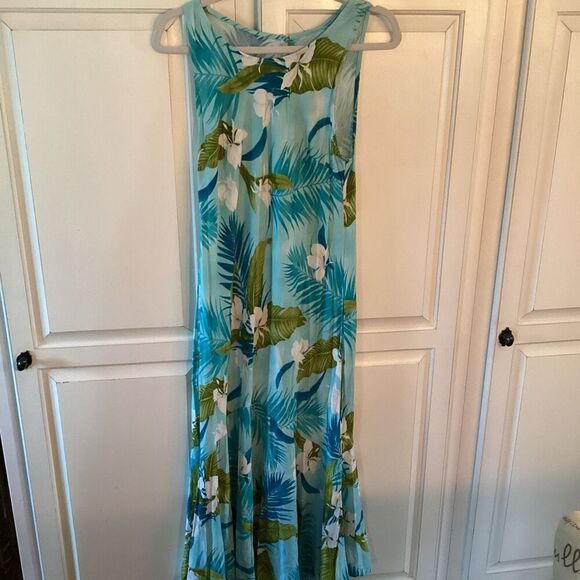 Two Palms Hawaiian Midi Dress Sz L Palm Floral Print Blue Green - Picture 1 of 7
